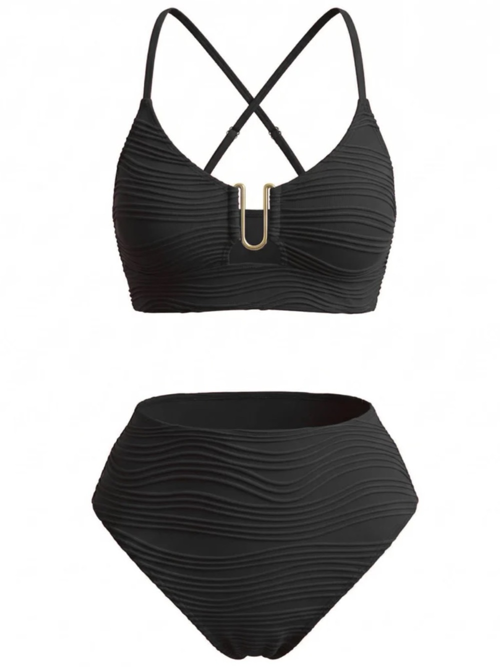 2 Piece Black Bikini Set U-Wire Cutout Swimsuit High Waisted Textured size XL - Picture 3 of 11